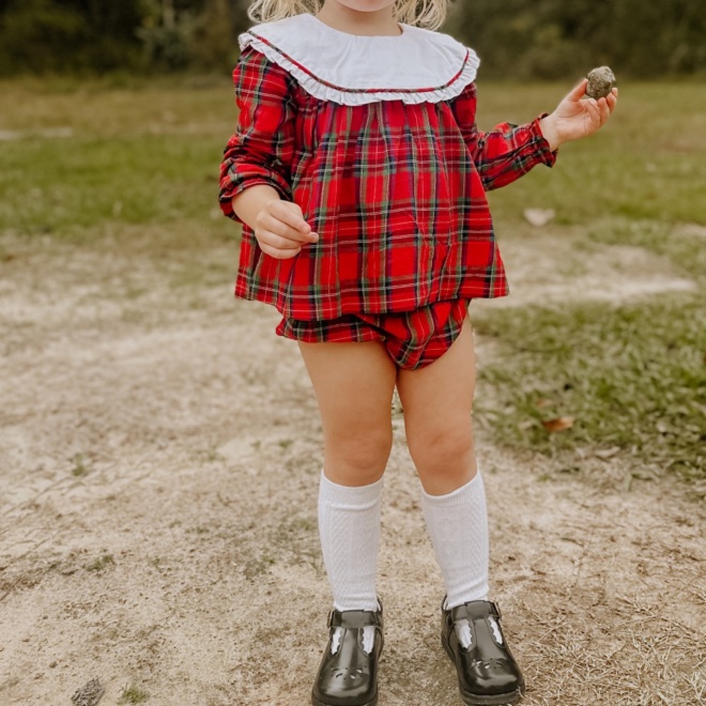 Cecil and Lou Red plaid Smocked diaper set